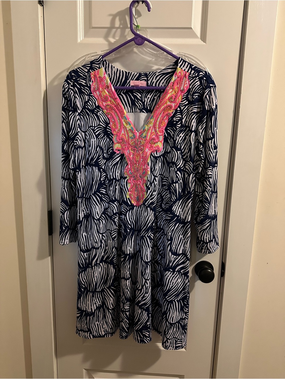 Lilly Pulitzer Navy & White Printed Women’s Dress with Pink beaded neck